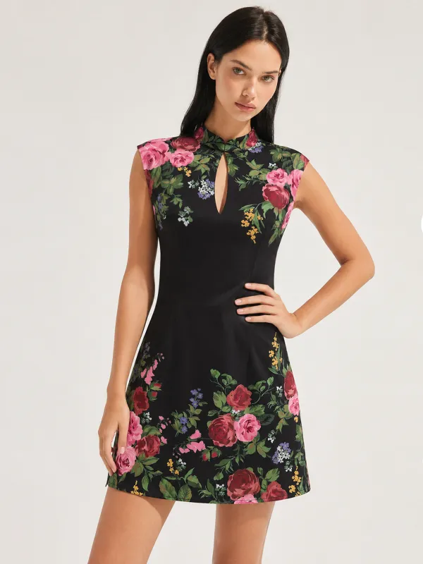 Floral Print Keyhole Mandarin Collar Mini Dress made by COMMENSE