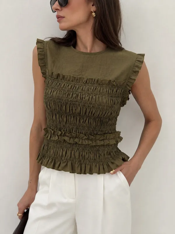 Sleeveless Smocked Ruffled Blouse made by COMMENSE