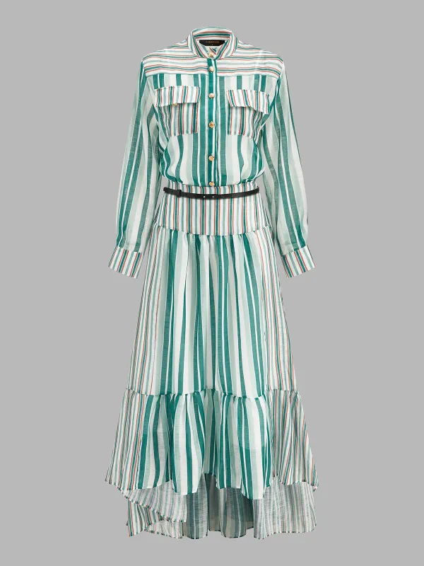 Striped Shirt Cami Tiered Skirt Three Piece Set made by COMMENSE