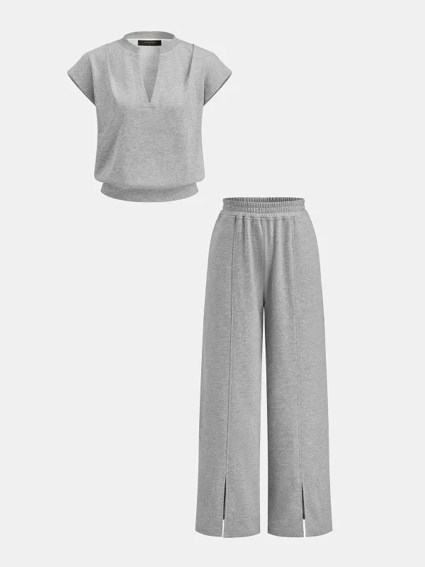 Notch Collar Top & Split Hem Pants Set made by COMMENSE