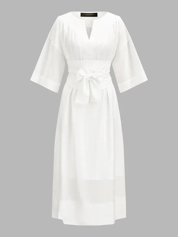 V Neck Bow Waist Half Sleeve Maxi Dress made by COMMENSE