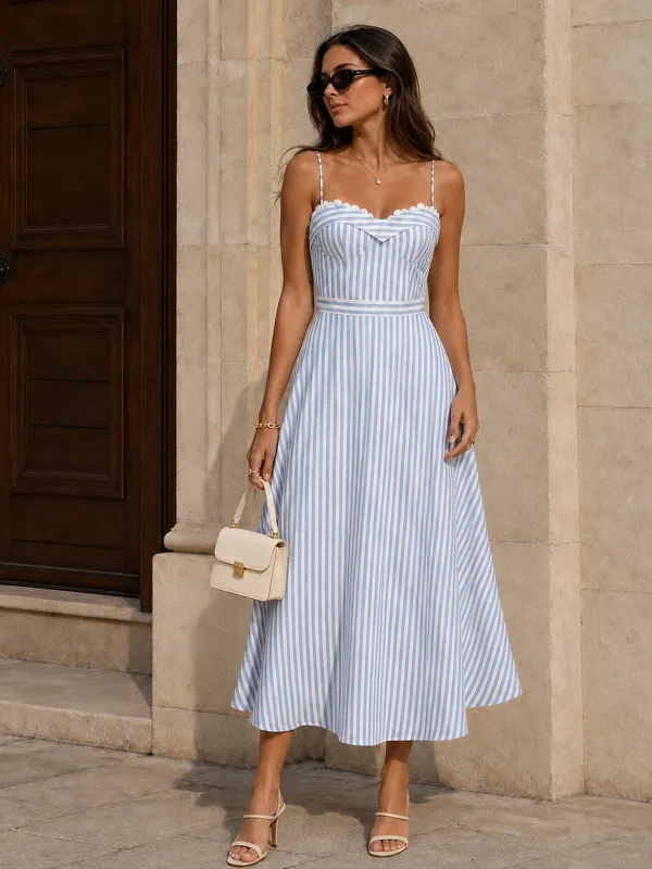 Lace Trim Striped Bustier Slip Dress made by COMMENSE