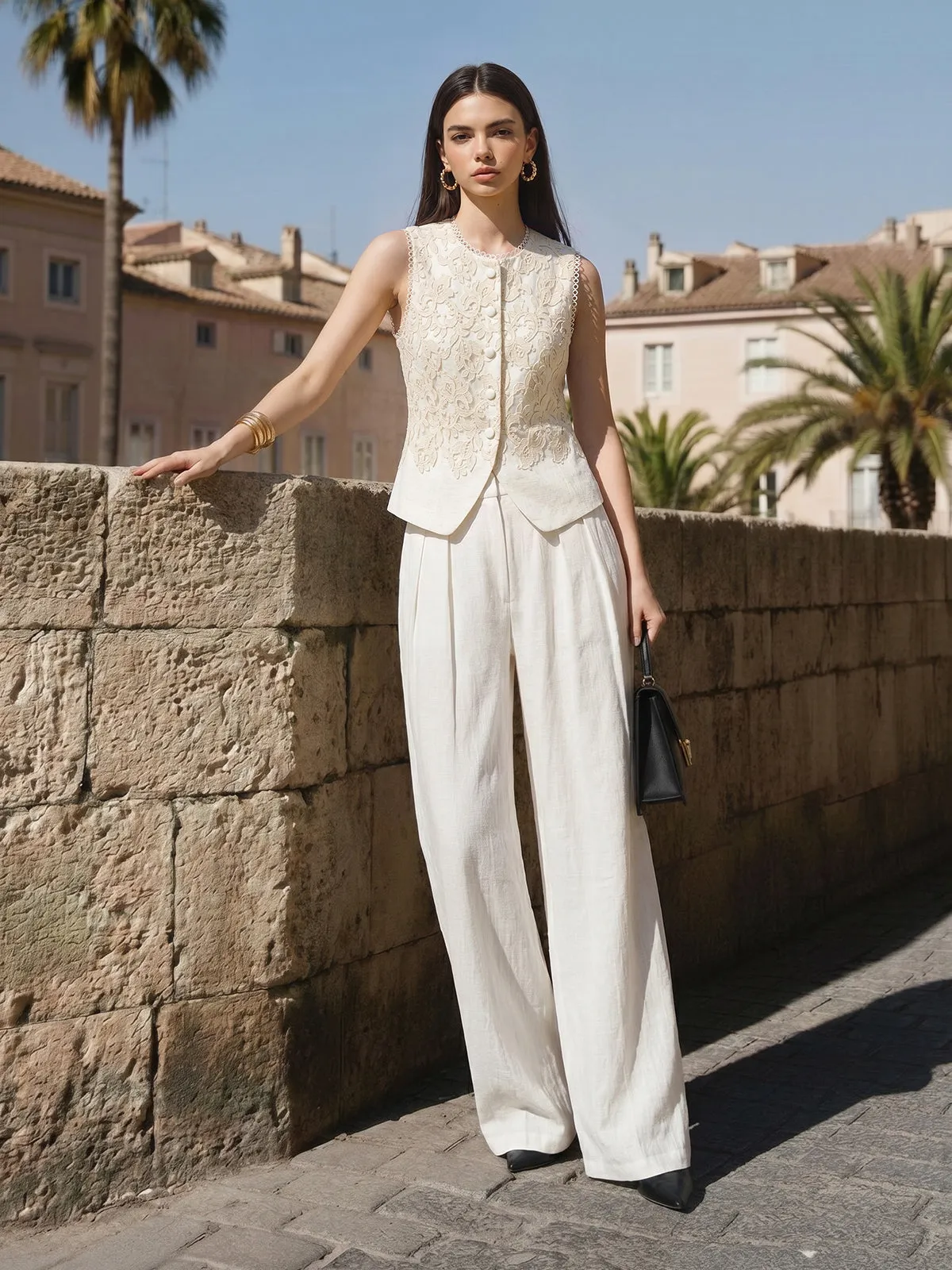 Lace Appliqué Vest & Pleated Pants Set sold by COMMENSE
