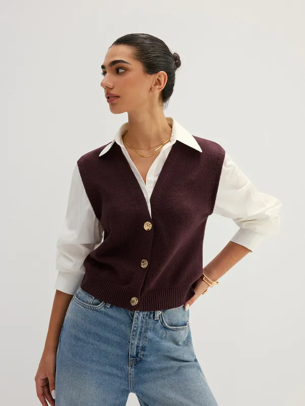 Button Front Fake Two Piece Knit Top made by COMMENSE