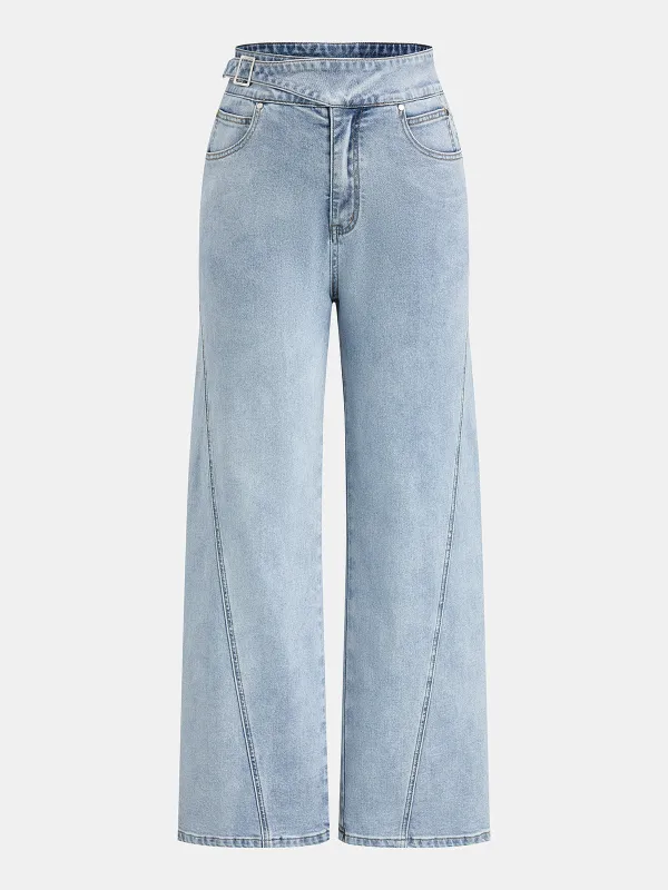 Buckle Detail Seamed Straight Leg Jeans made by COMMENSE
