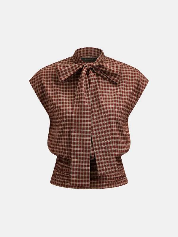 Plaid Bow Tie Sleeveless Blouse made by COMMENSE