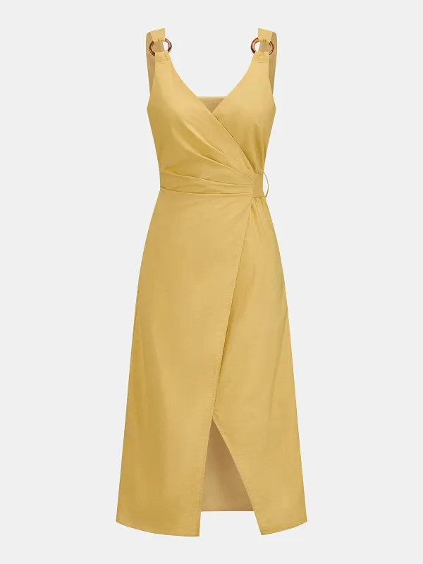 Cotton Linen Ring Strap Tie-Back Midi Dress made by COMMENSE