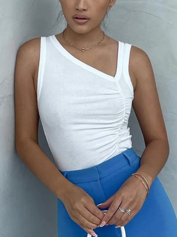 Oblique V-Neck Ruched Top sold by COMMENSE