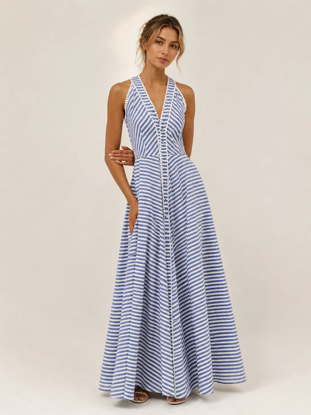 Striped Halter Maxi Dress sold by COMMENSE