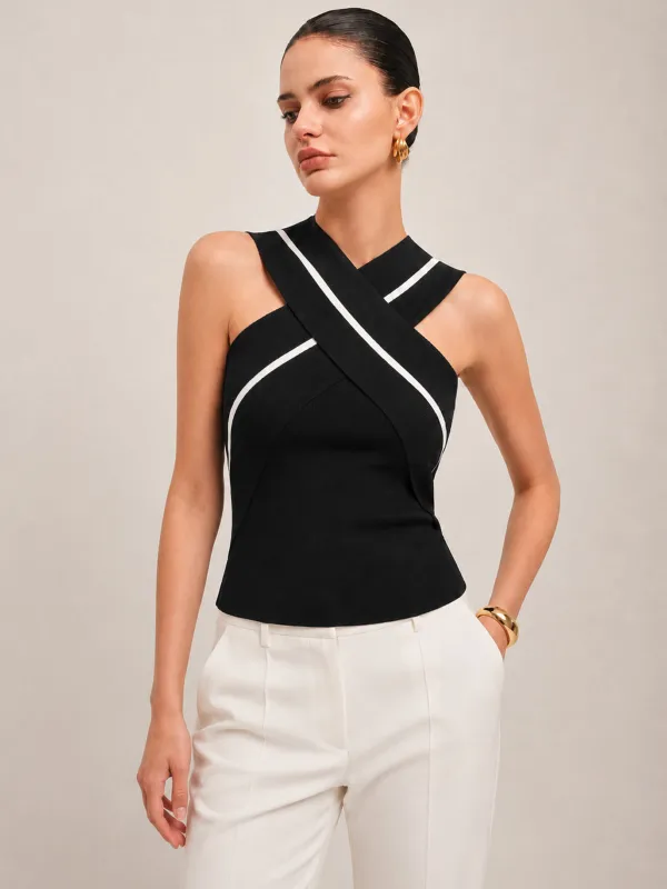 Crisscross Neck Sleeveless Knit Top made by COMMENSE