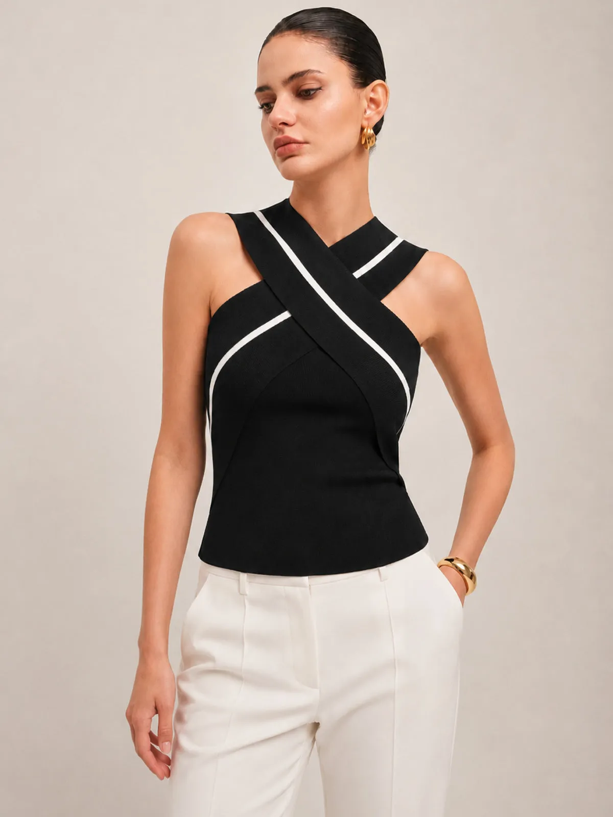 Crisscross Neck Sleeveless Knit Top sold by COMMENSE