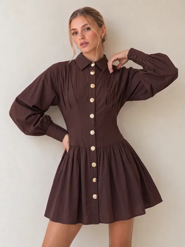 Button Front Long Sleeve Mini Shirt Dress made by COMMENSE