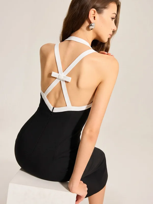 Contrast Strap Bow Back Midi Bodycon Dress made by COMMENSE