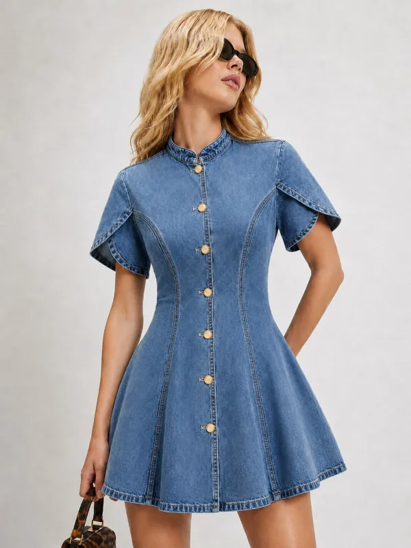 Tulip Short Sleeve Fit Flare Denim Mini Dress made by COMMENSE