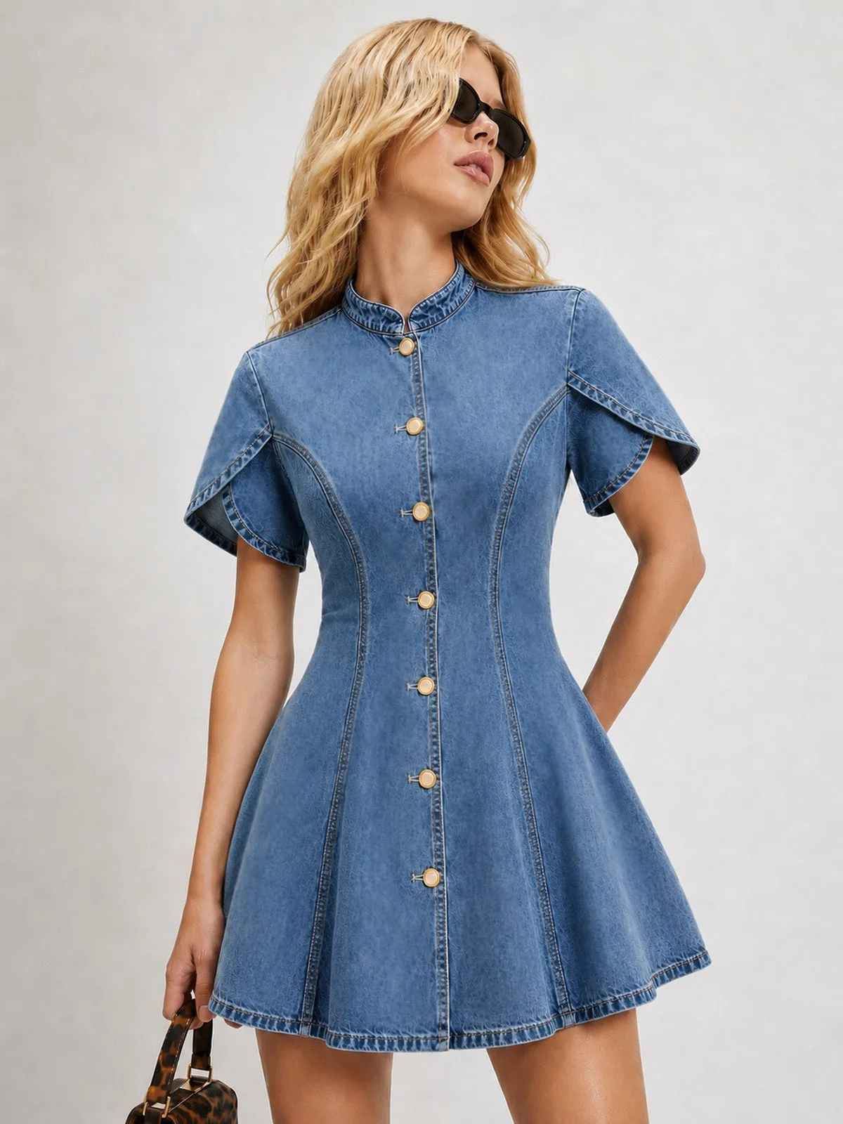 Tulip Short Sleeve Fit Flare Denim Mini Dress sold by COMMENSE