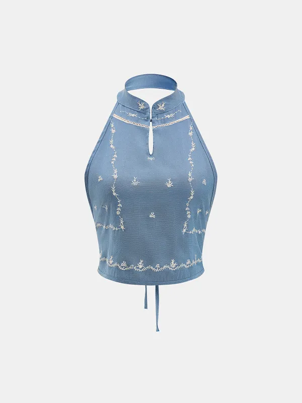 Embroidered Halter Cropped Tank Top made by COMMENSE