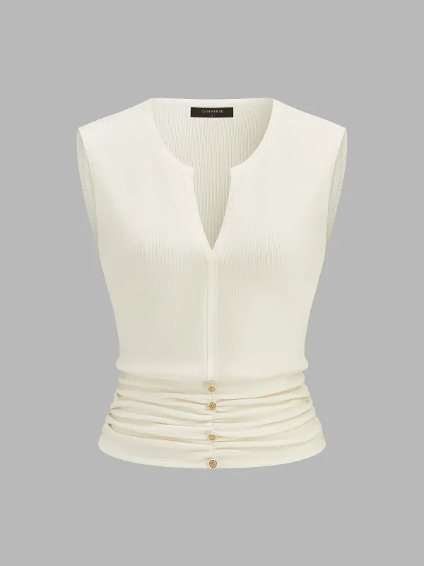 Notched V Neck Ruched Knit Tank Top made by COMMENSE