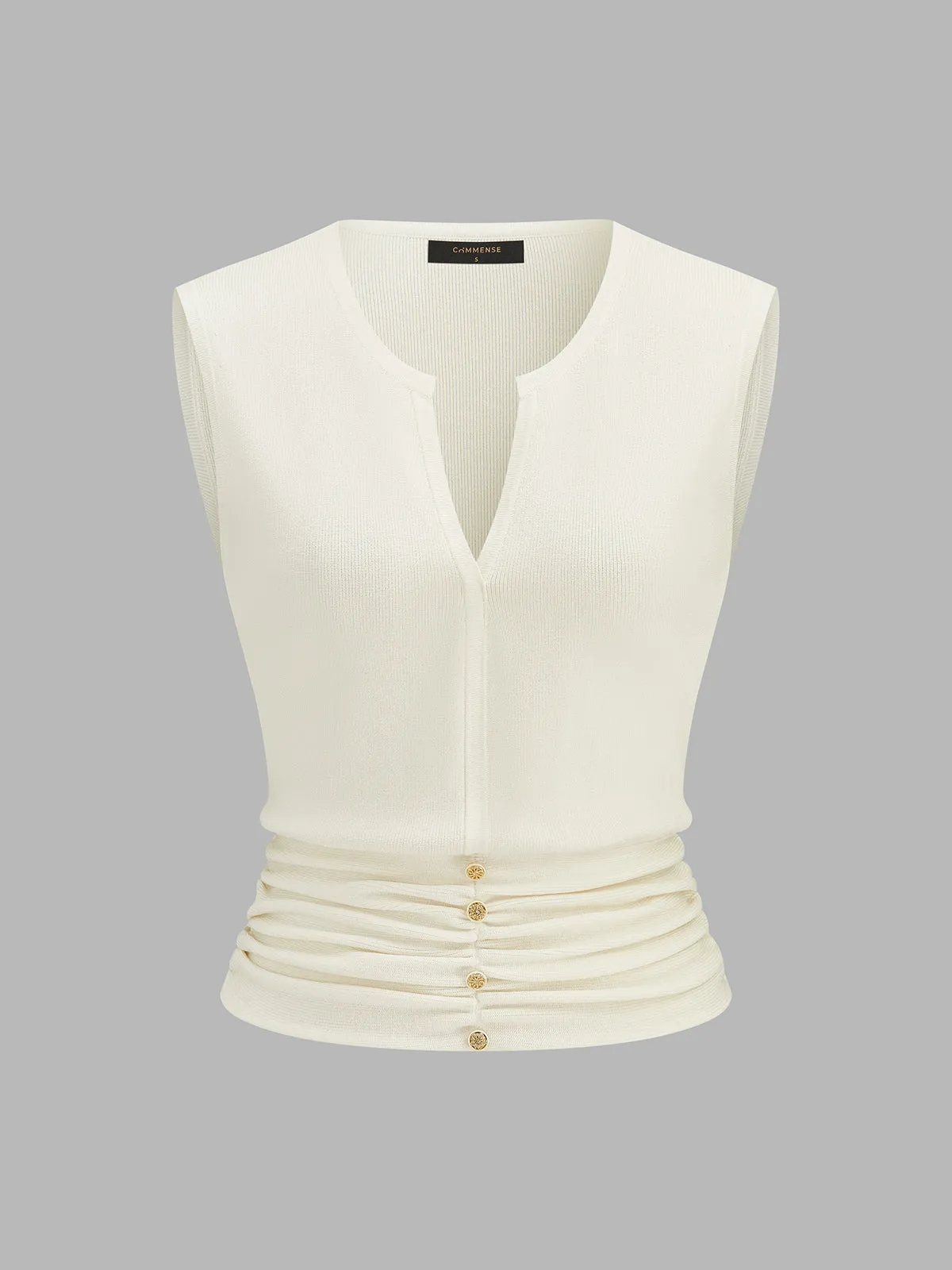 Notched V Neck Ruched Knit Tank Top sold by COMMENSE