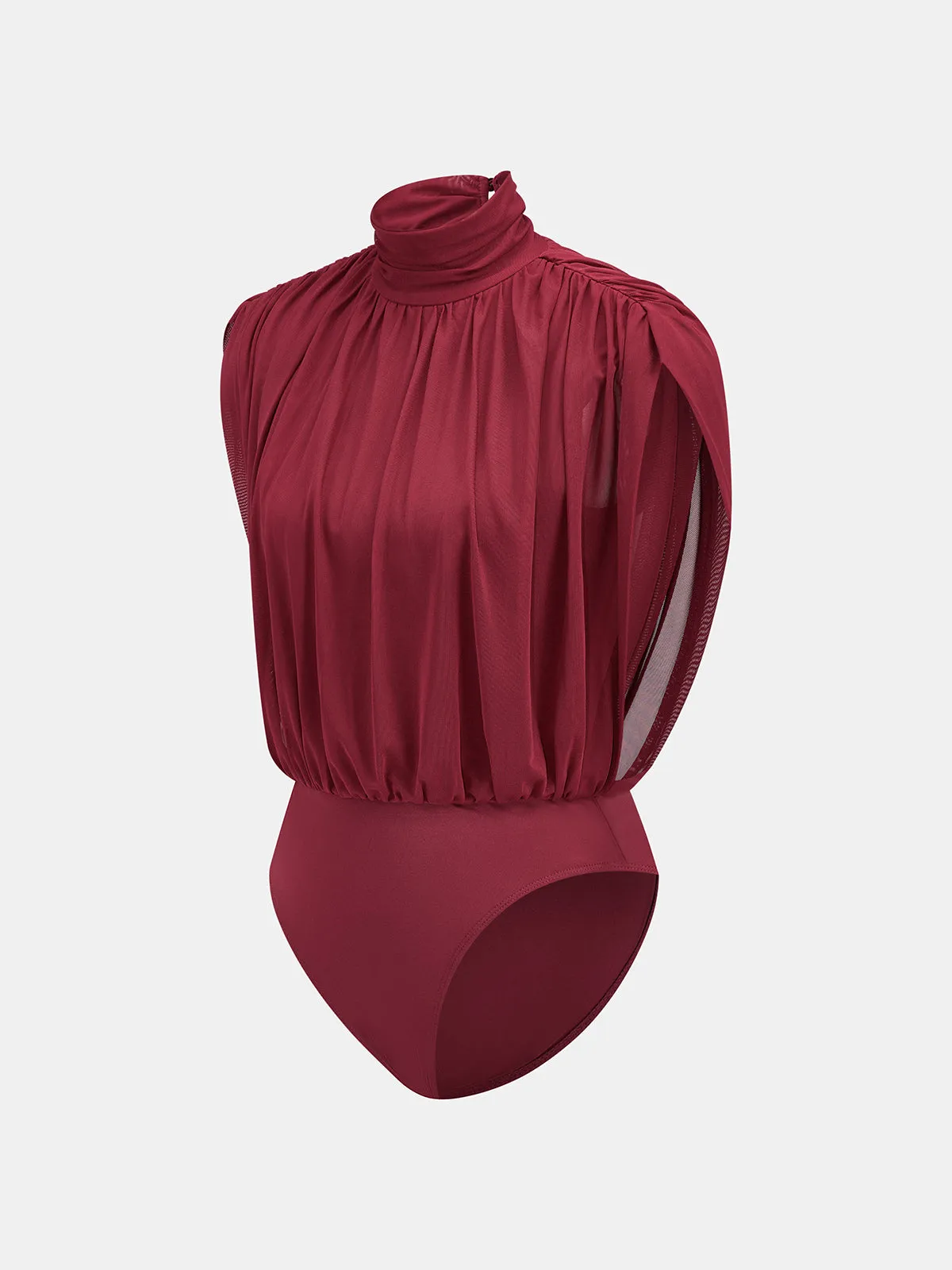 High Neck Ruched Stretch Mesh Bodysuit sold by COMMENSE