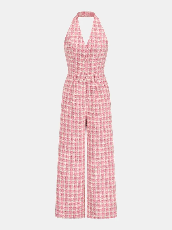 Tweed Check Halter Wide Leg Jumpsuit made by COMMENSE