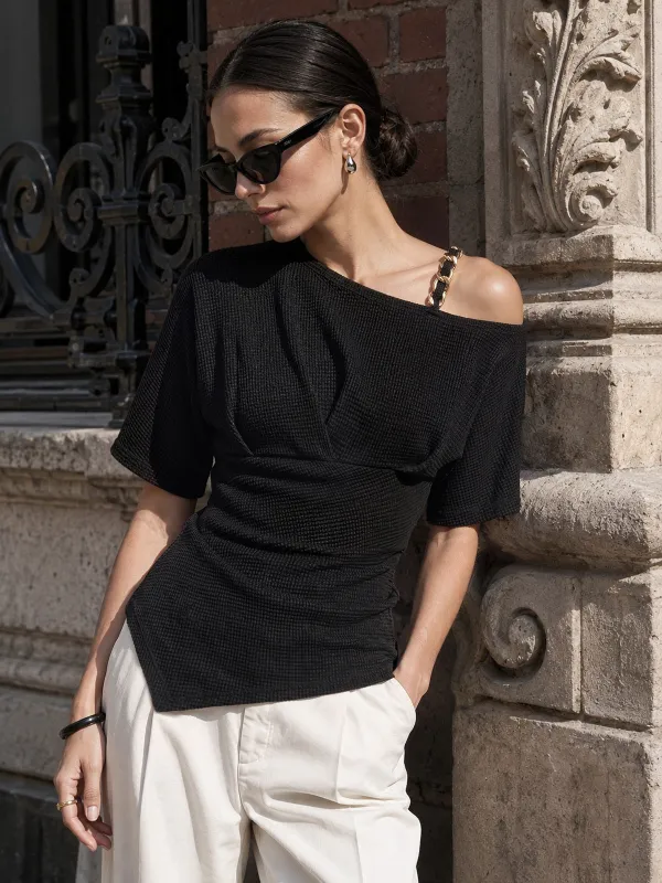 Chain Strap Asymmetrical Waffle Knit Top made by COMMENSE