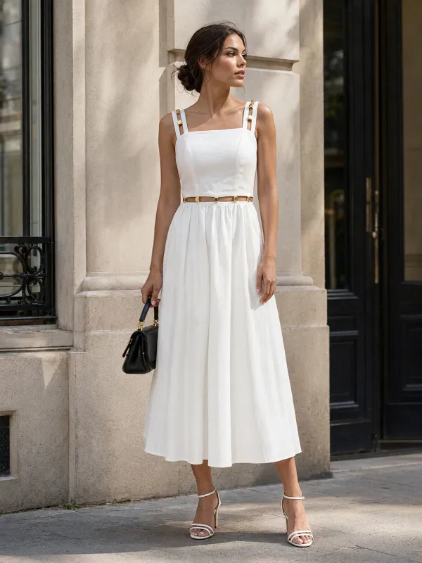 Metal Detail Cutout Linen Blend Midi Dress made by COMMENSE
