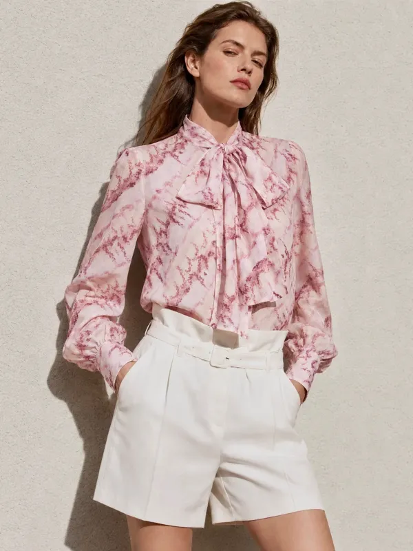Sheer Marbled Bow Neck Long Sleeve Blouse made by COMMENSE
