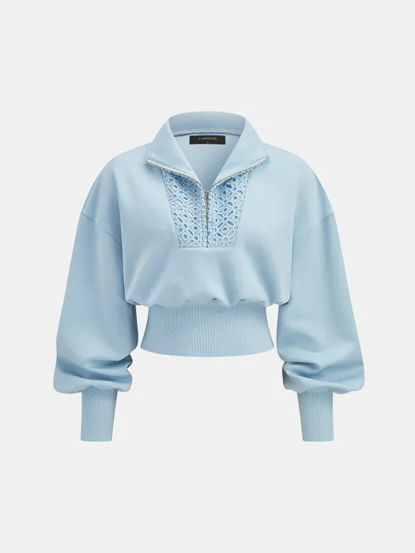 Hollow Lace Half Zip Cropped Sweatshirt made by COMMENSE