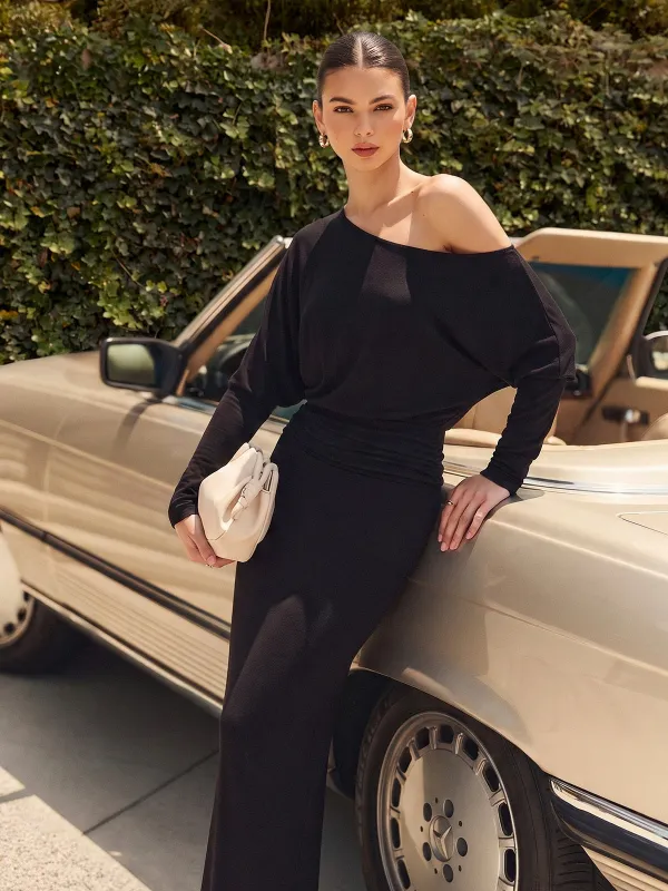 Batwing Long Sleeve Slant Shoulder Bodycon Dress made by COMMENSE