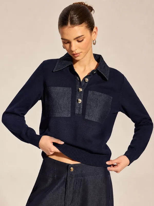 Long Sleeve Denim Patch Collared Knit Top made by COMMENSE