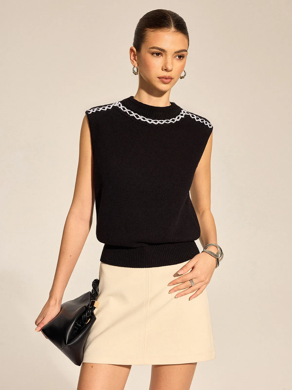 Diamond Trim Crew Neck Knit Tank Top sold by COMMENSE product image thumbnail 4