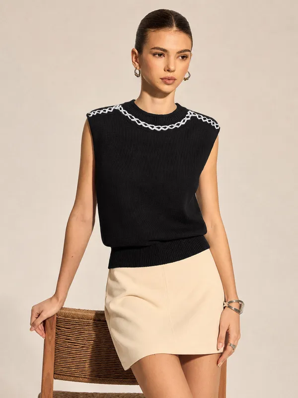 Diamond Trim Crew Neck Knit Tank Top made by COMMENSE