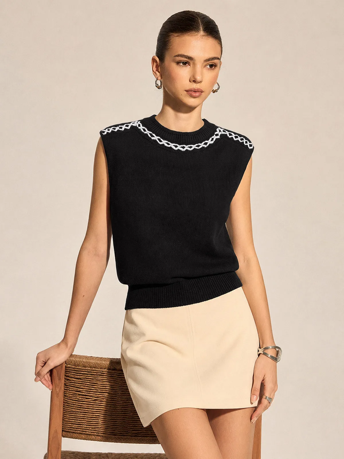Diamond Trim Crew Neck Knit Tank Top sold by COMMENSE