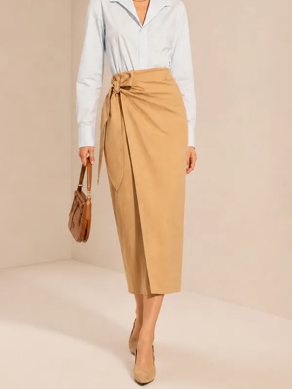 Cotton Wrap Tie Midi Pencil Skirt made by COMMENSE