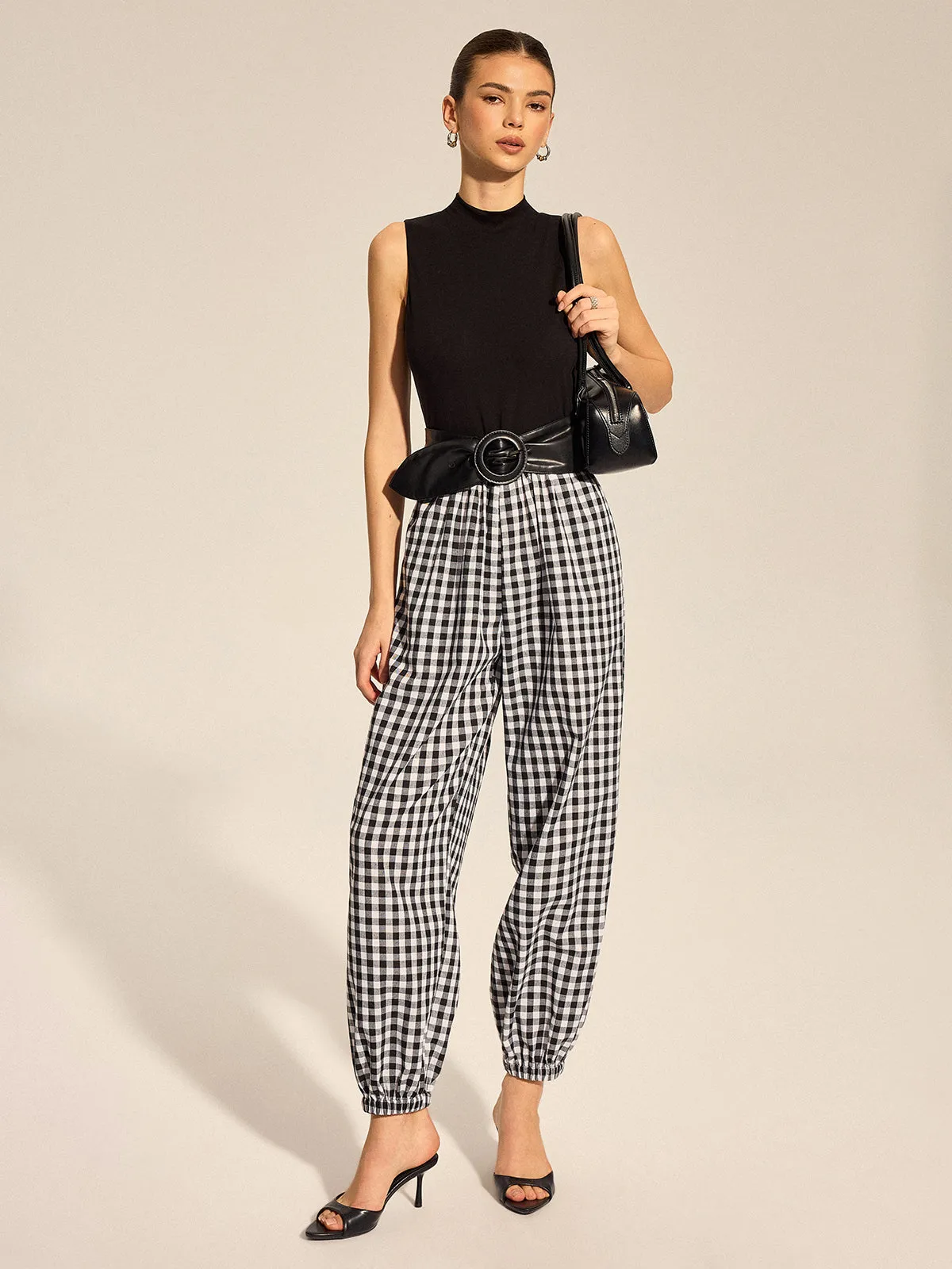 Knit Bodice Gingham Belted Jogger Jumpsuit sold by COMMENSE product image thumbnail 2