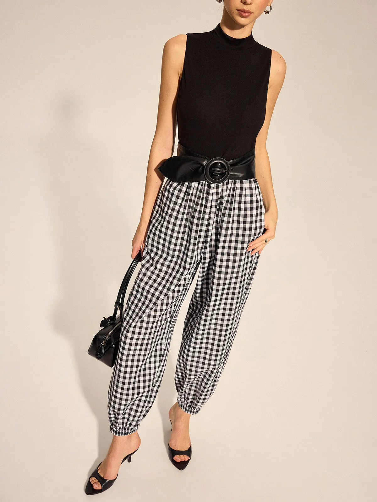 Knit Bodice Gingham Belted Jogger Jumpsuit sold by COMMENSE product image thumbnail 3