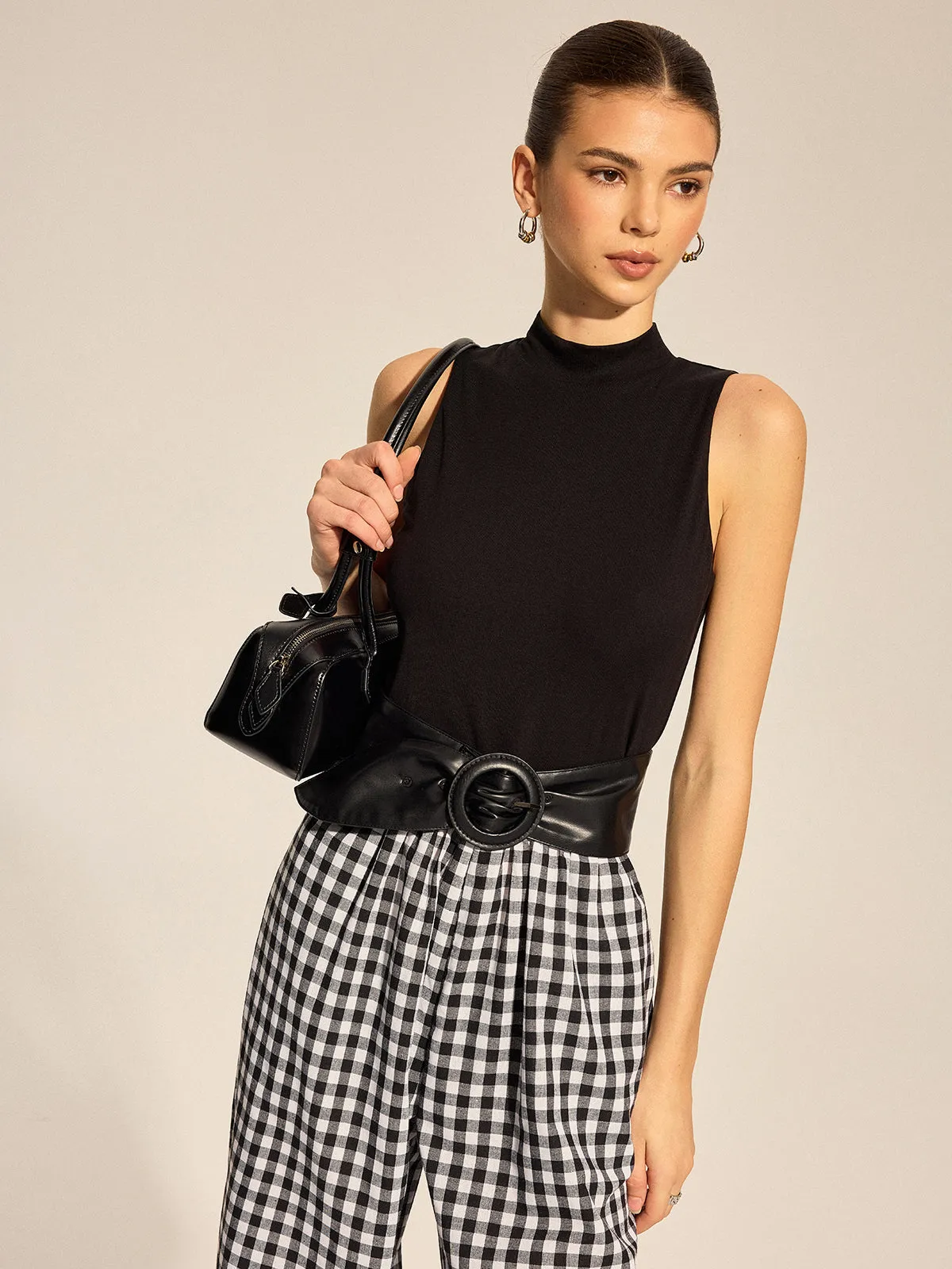 Knit Bodice Gingham Belted Jogger Jumpsuit sold by COMMENSE product image thumbnail 4