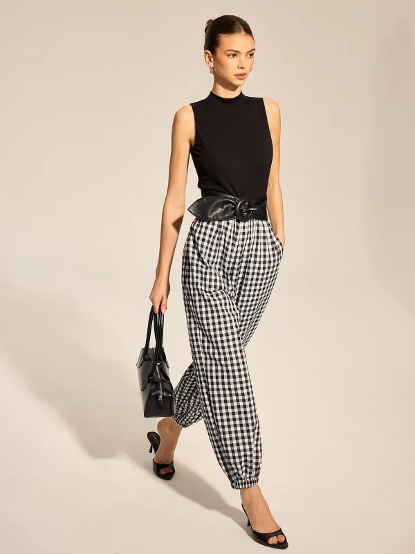 Knit Bodice Gingham Belted Jogger Jumpsuit made by COMMENSE