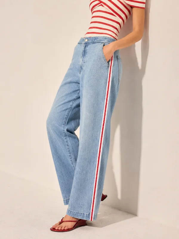 Side Stripe Straight Leg Denim Pants made by COMMENSE