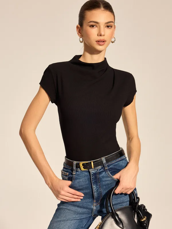 Draped Mock Neck Ribbed Knit Top made by COMMENSE