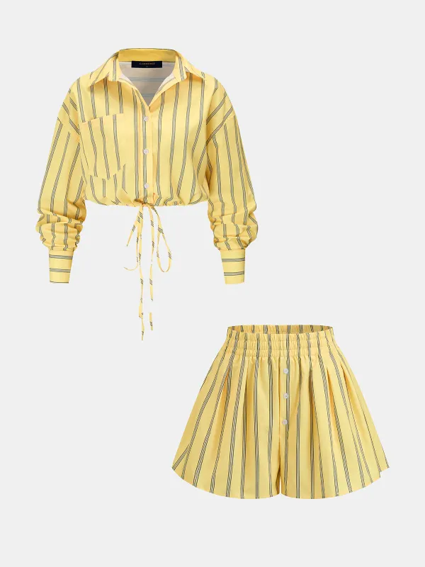 Striped Tie Crop Shirt & Shorts Set made by COMMENSE