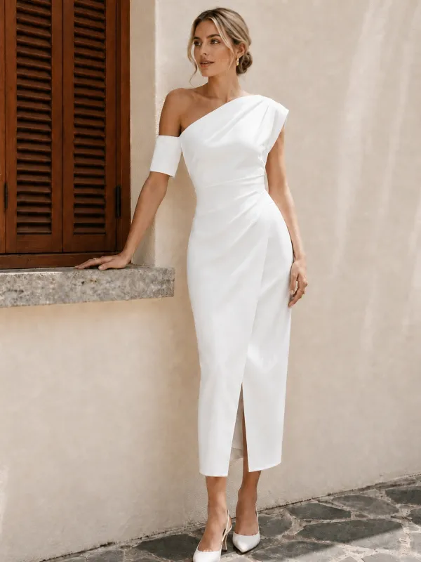 One Shoulder Ruched Slit Midi Dress made by COMMENSE