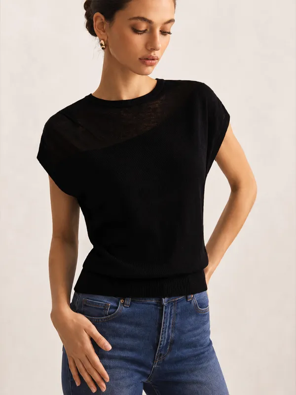 Asymmetric Sheer Shoulder Knit Top made by COMMENSE