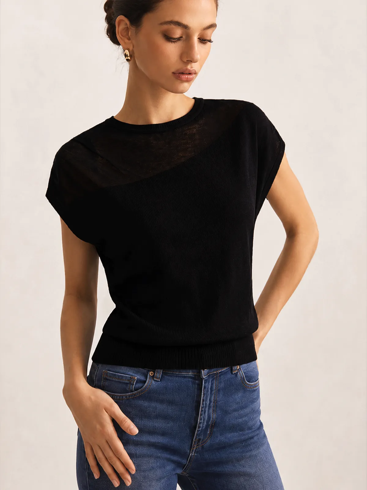 Asymmetric Sheer Shoulder Knit Top sold by COMMENSE