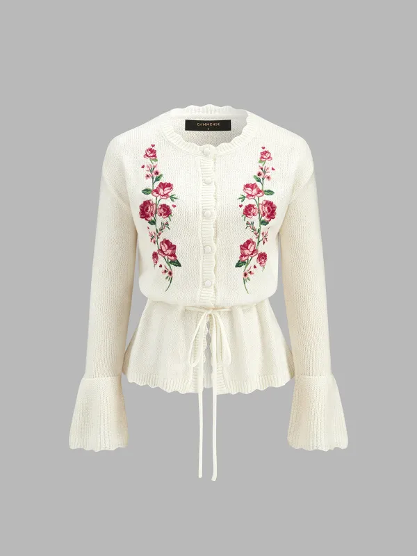 Rose Embroidery Drawstring Flare Knit Cardigan made by COMMENSE