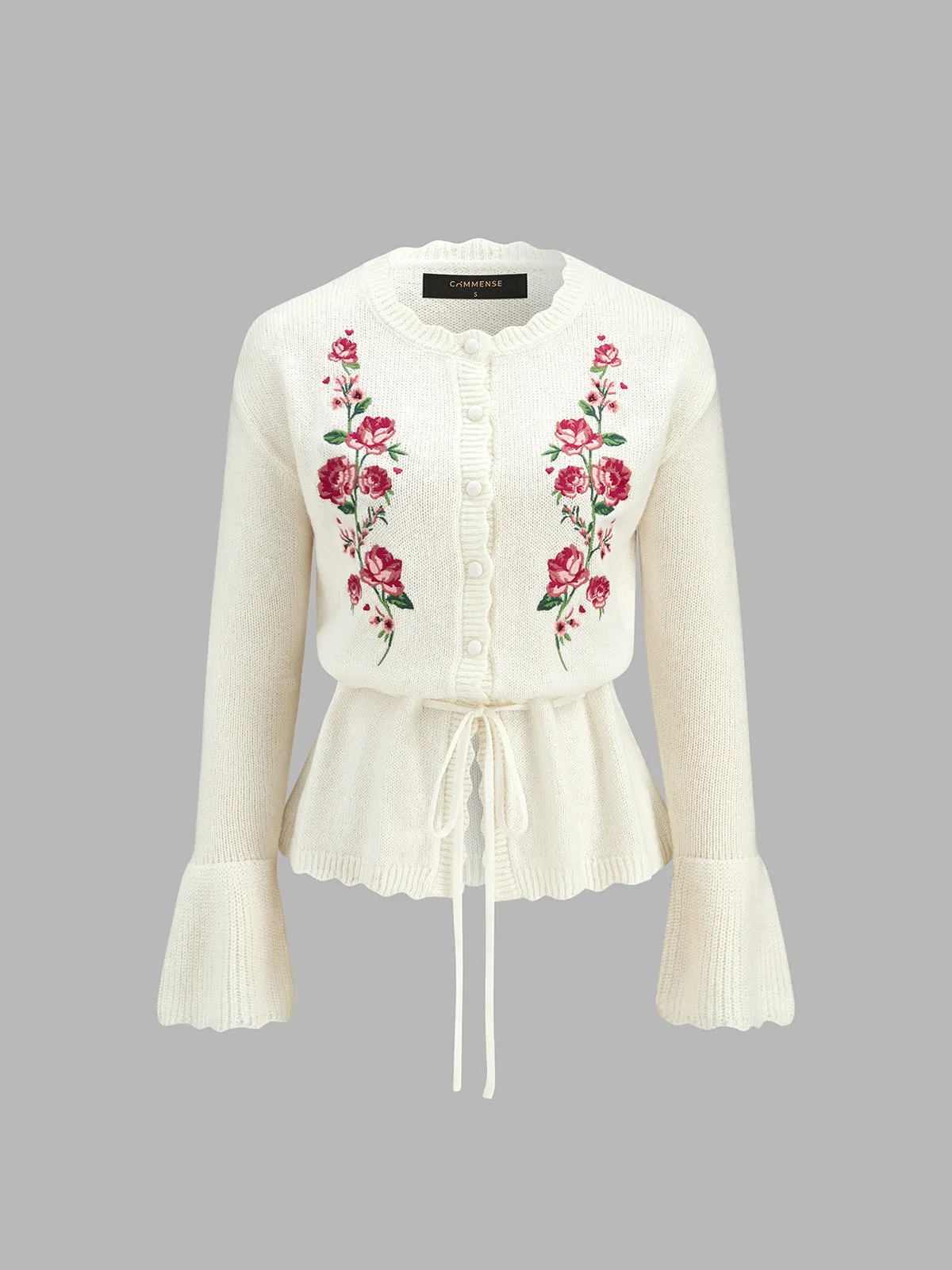 Rose Embroidery Drawstring Flare Knit Cardigan sold by COMMENSE