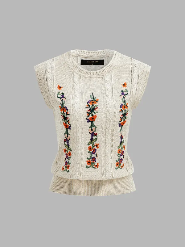 Floral Embroidery Cable Knit Vest made by COMMENSE