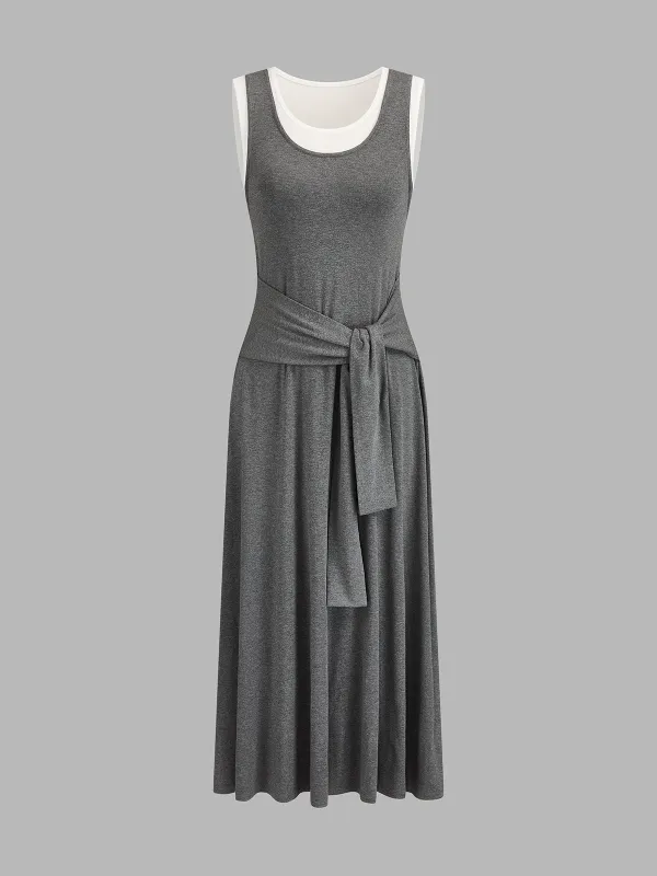 Fake Two Piece Tie Waist Tank Midi Dress made by COMMENSE
