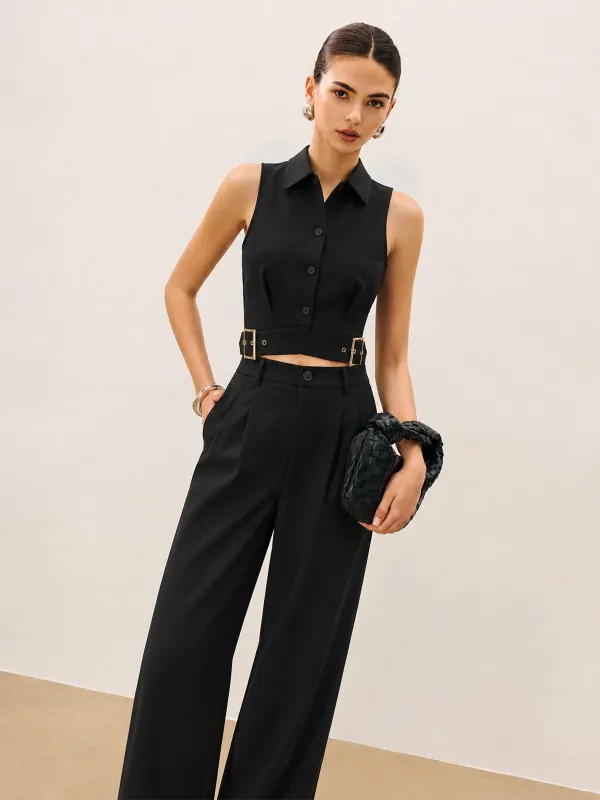 Collared Buckle Detail Vest & Pants Set made by COMMENSE