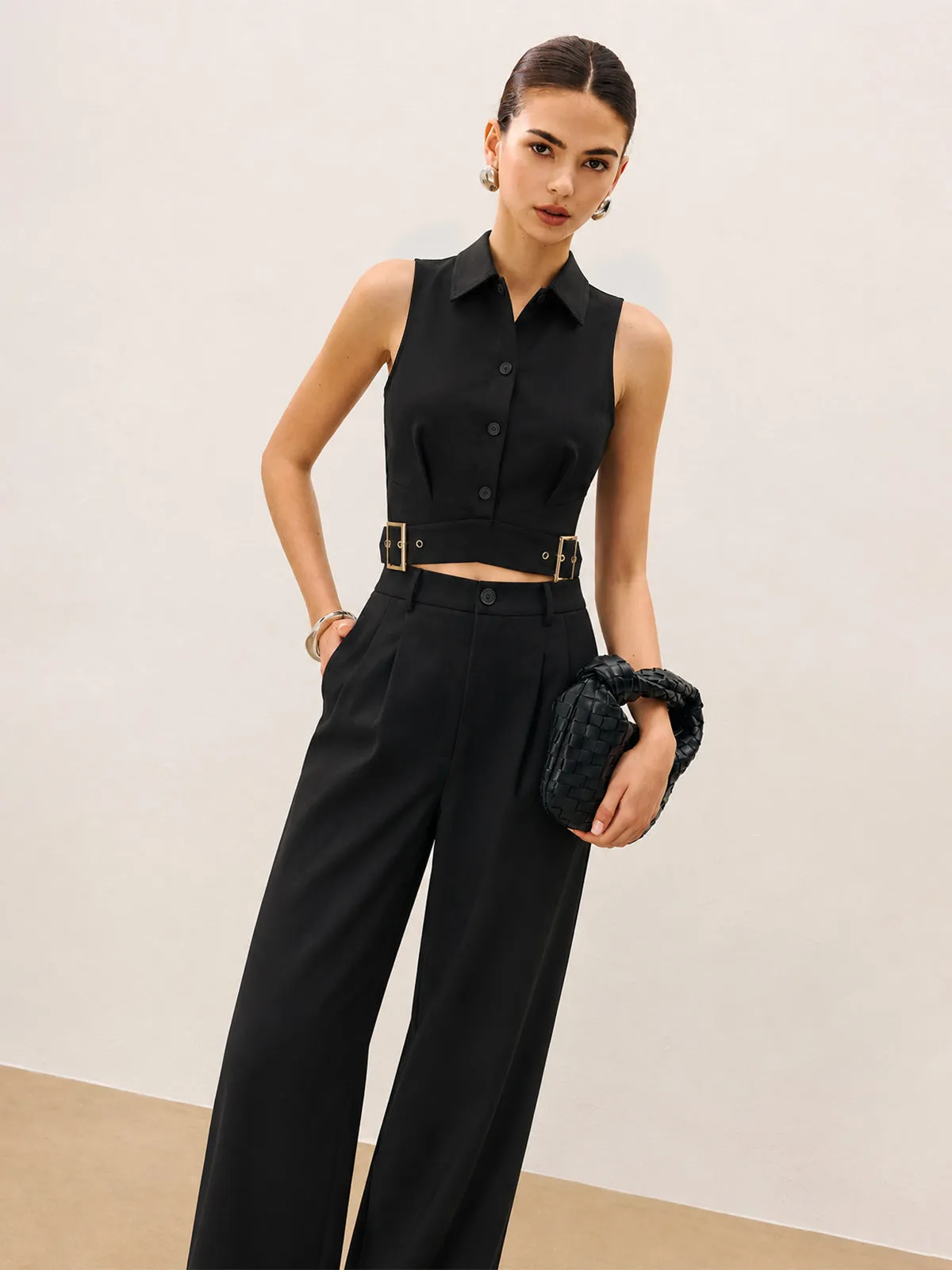 Collared Buckle Detail Vest & Pants Set sold by COMMENSE